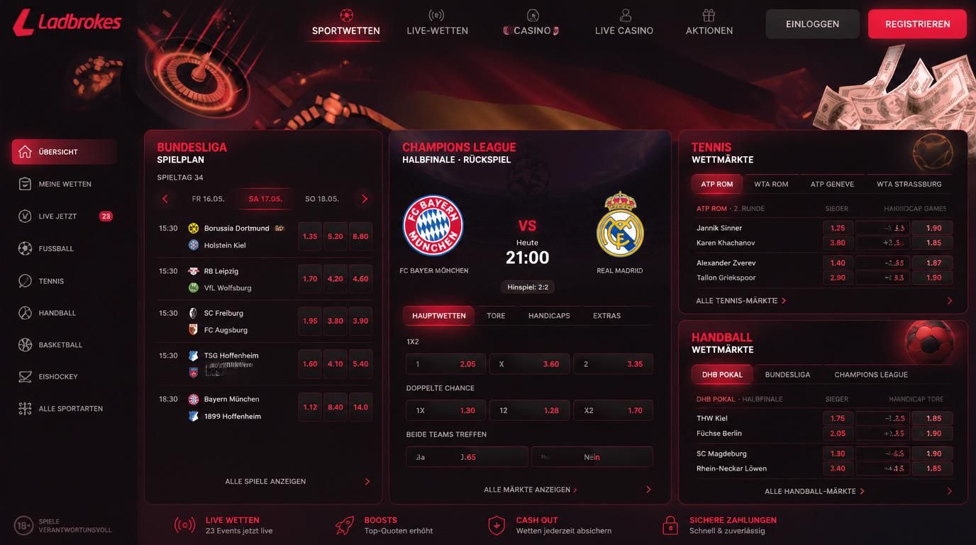 Ein Bildschirm zeigt Bundesliga, Champions League und Tenniswetten mit deutscher Flagge.