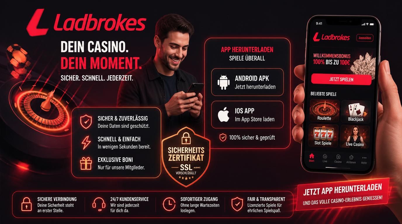 Bild eines Smartphones mit geöffnetem Ladbrokes Casino Installationsbildschirm (Android APK + iOS Store), deutsches Sicherheitszertifikat-Symbol, Hintergrund in typischer Ladbrokes-Farbpalette