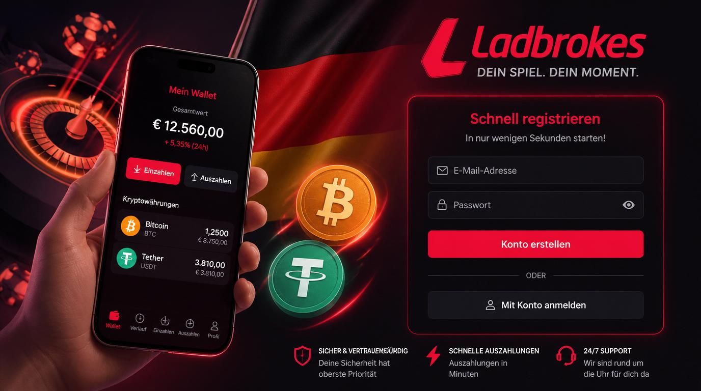 Ein Smartphone zeigt das Registrierungsformular mit Krypto-Wallet-Symbolen und deutschen Elementen.
