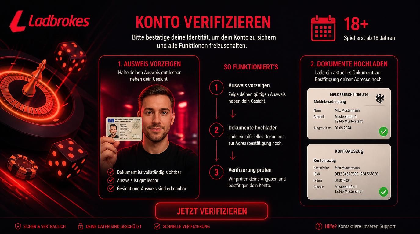 Darstellung der Identitäts- und Altersprüfung mit deutschen Dokumenten und dem Hinweis 18+.