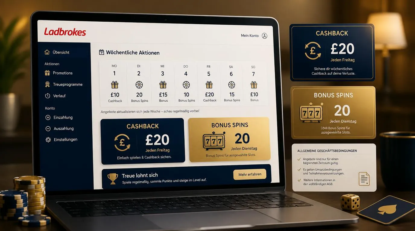 Casino-Aktionsübersicht mit Wochenkalender, Bonusspins und Hinweisen zu den Teilnahmebedingungen