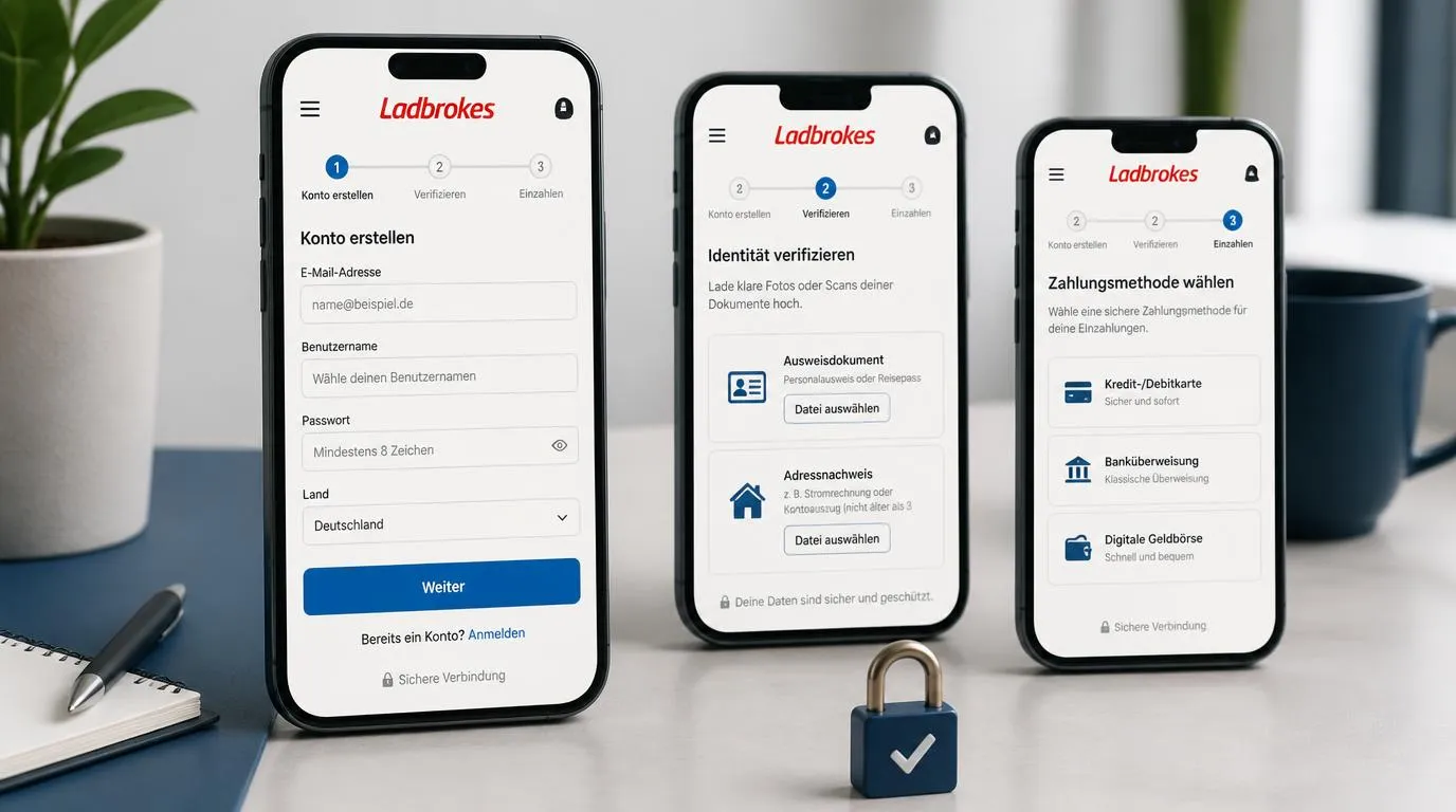 Smartphone mit Registrierungsformular und sicherem Upload für Ausweis und Adressnachweis