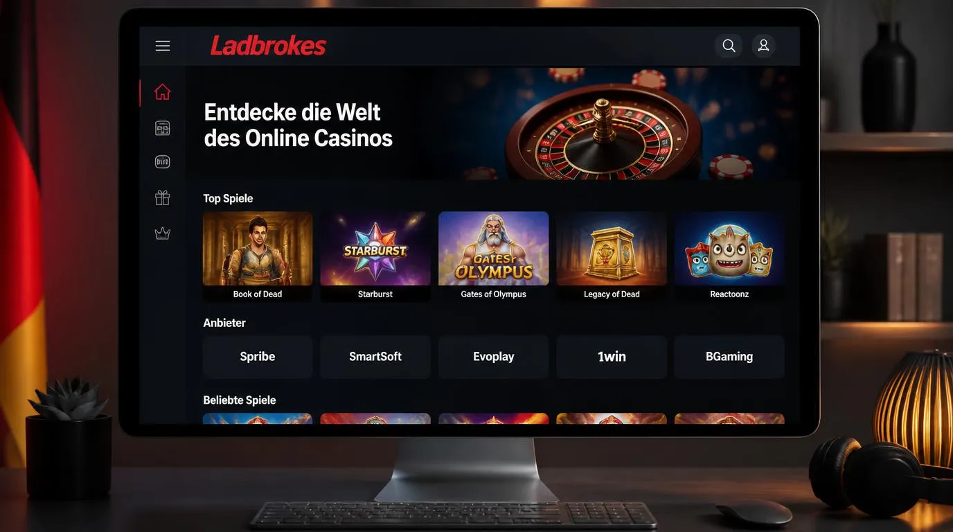 Casino-Oberfläche mit Spielkacheln und den Studio-Namen Spribe, SmartSoft, Evoplay, 1win und BGaming