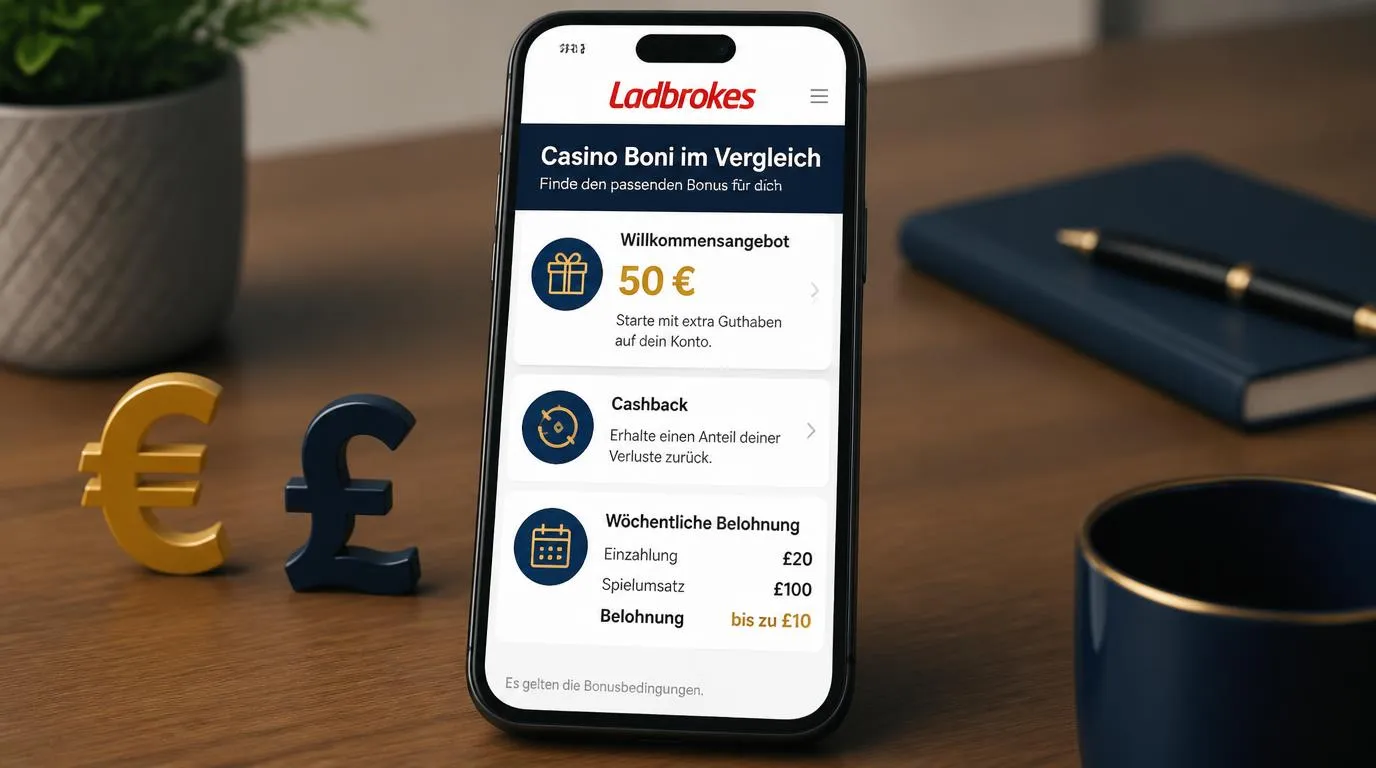Bonusübersicht auf einem Smartphone mit 50€ Willkommensangebot und Wochenaktion in Pfund