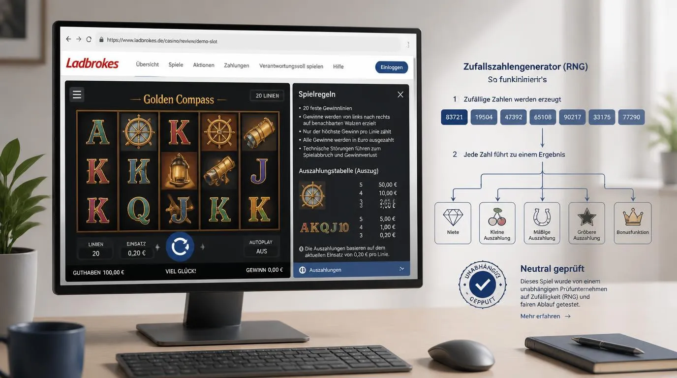 Casino-Spieloberfläche mit sichtbaren Spielregeln, Zufallssymbol und Prüfzeichen für Spielsoftware